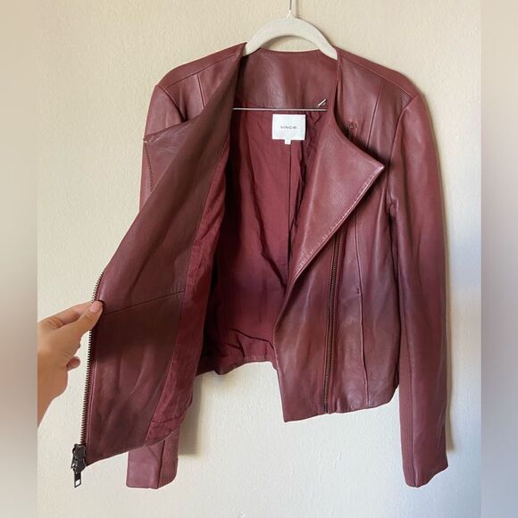 Vince Leather Moto Red Jacket Collarless Asymmetric Zip Size S - Picture 7 of 13